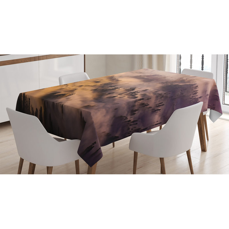 Ambesonne Mystic Tablecloth, Sunrise Over A Foggy Mystic Forest Summer Morning Time Wildlife Scenic Picture, Rectangular Table Cover For Dining Room Kitchen Decor, 52" X 70", Yellow Brown