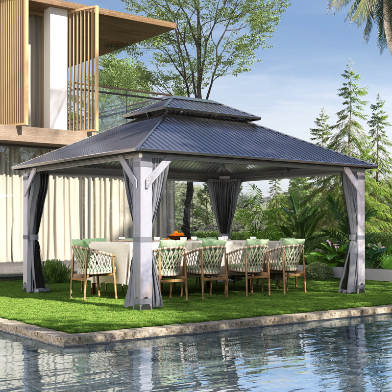 12 ft. W x 14 ft. D Outdoor Wood Gazebo, Hardtop Gazebo Permanent Cedar Wooden Gazebo with Galvanized Steel Double Roof
