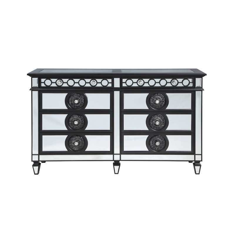 Commode à huit tiroirs, Noir / argent / miroir