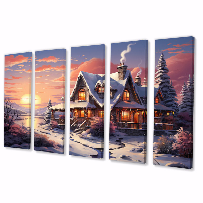 «Winter Snowy Cottage II», impression sur toile - 5 panneaux égaux