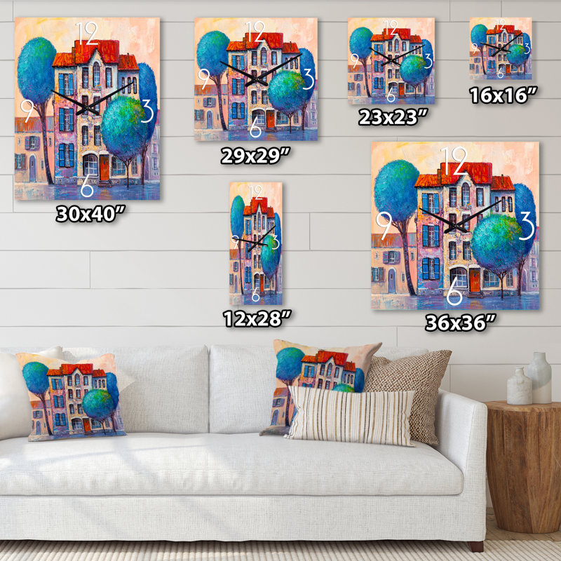 Maison avec toit rouge et arbres d'automne colorés - Horloge murale moderne, Grand
