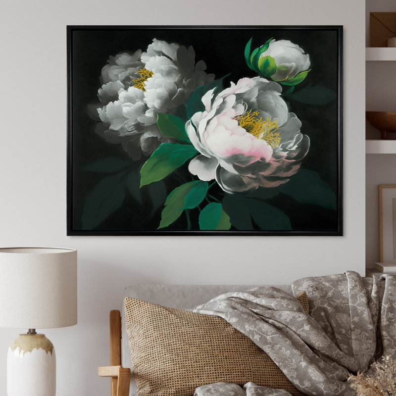 «Blooming White Peony III», reproduction sur toile, H 16 po x l 32 po x P 1 po, Cadre flottant noir
