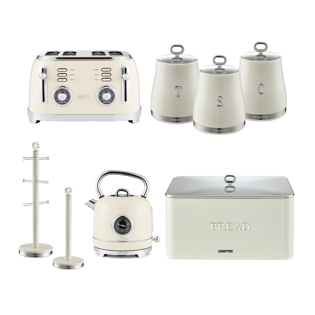 GEEPAS Retrovive 1.8L Electric Kettle, 4 Slice Bread Toaster, Set of 3 Tea Coffee Sugar Canister, Bread Bin, Mug Tree & Towel Pole Set of 8 PC Matchin