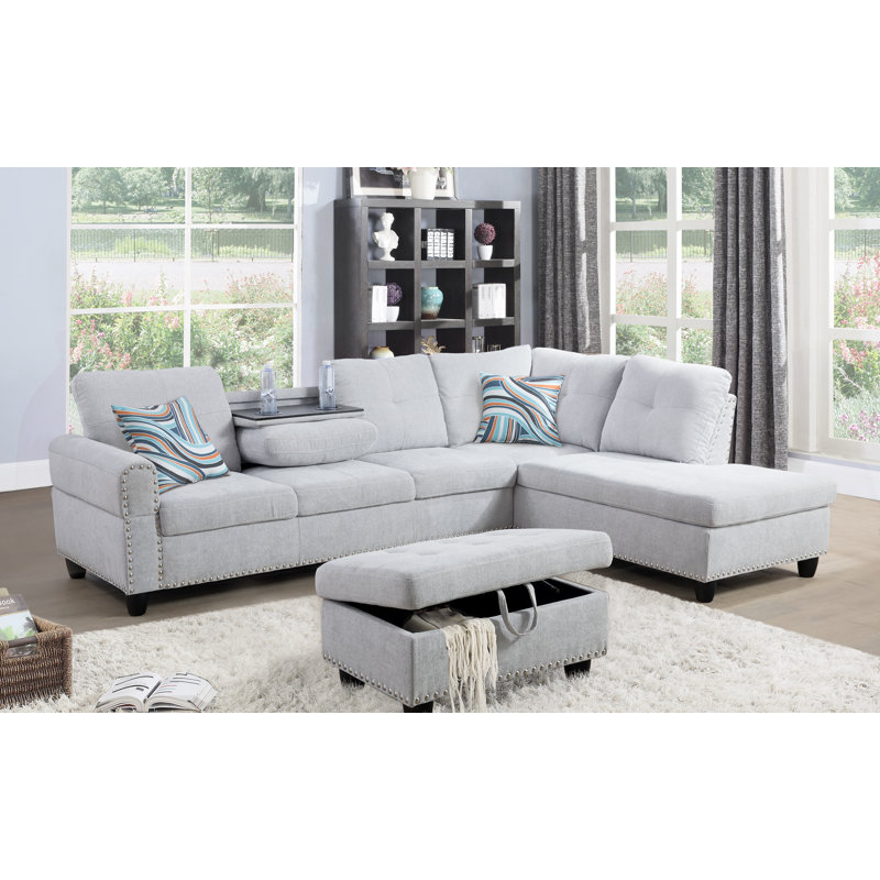 Sciortino 97.5'' Wide Grey White L Shape Linen Corner Sectional Sofa,  Right Hand Facing, Right Hand Facing, Light Gray Linen
