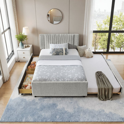 Lit de jour double / grand rembourré avec lit gigogne et tiroirs de rangement, tissu chenille