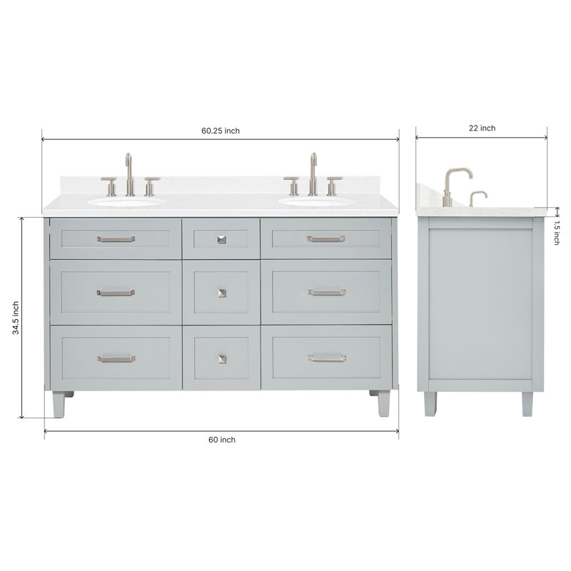 Meuble-lavabo double avec comptoir ARIEL, Gris, 60" - 61", Carrara White Quartz