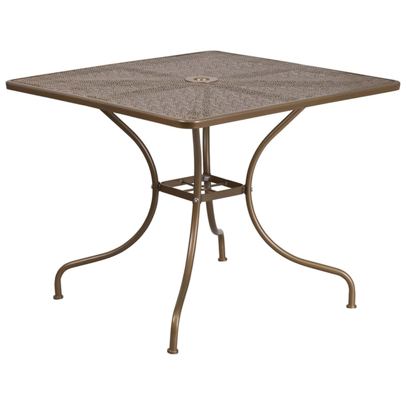 Commercial Grade 35.5" Square Indoor-Outdoor Steel Patio Table with Umbrella Hole, Gold