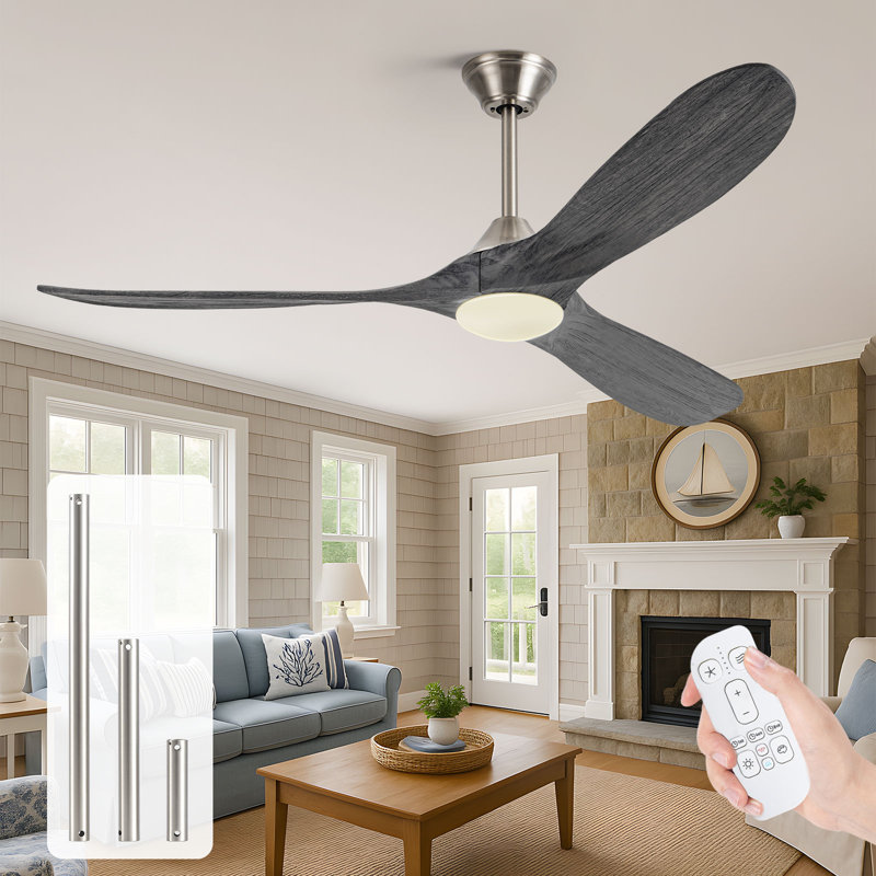 Ventilateur de plafond en bois massif à 3 pales avec lumière et télécommande, 60 po de largeur, Gris foncé