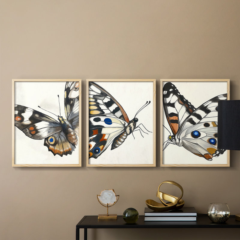 Papillons, série CXIV - ensemble de 3 estampes numériques - prêt à être accroché, Encadré naturel, H 20 po x l 16 po