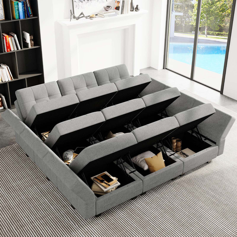 Canapé-lit modulaire 9 pièces Buckleton, Lin gris pâle