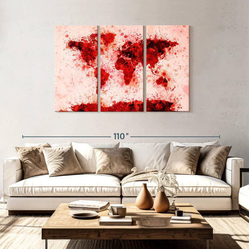 Aliaz World Map Paint Splashes Red, 48" H x 74" W