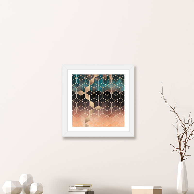 «Ombre Dream Cubes» par Elisabeth Fredriksson - impression d'art graphique, H 16 po x l 16 po x p 1 po, Papier encadré blanc