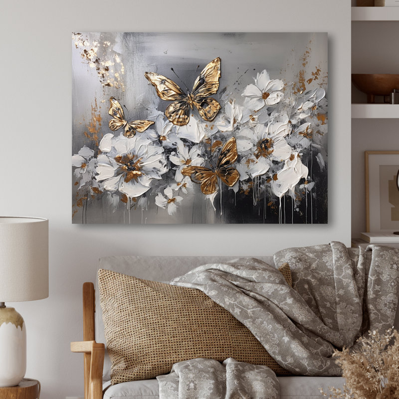 Phillipston Golden White Butterfly Wings And Flowers I - impressions sur toile florales, H 30 po x l 40 po x P 1,5 po