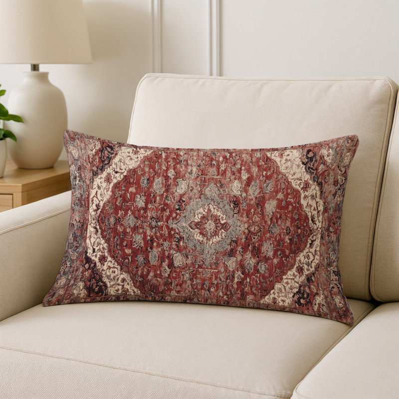 Coussin décoratif intérieur et extérieur Modern, Bourgogne / gris / beige damassé, Rectangle H 20 po x l 14 po