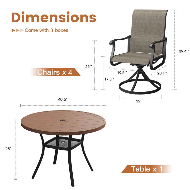 Ensemble repas extérieur pour 4 personnes L 42 po avec 4 chaises pivotantes en PVC-coated polyester Elfur