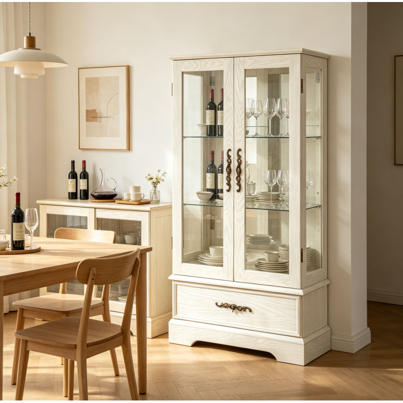 Vitrine lumineuse avec portes en verre, tablettes réglables en verre, vitrine à 2 portes avec tiroir et éclairage à DEL intégré pour le salon