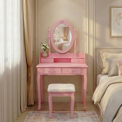 Pink Princess Vanity Desk Set With Mirror & Cushioned Stool, 4-Drawer Wooden Makeup Vanity Table For Girls' Bedroom, Dressing Table With Ample Storage