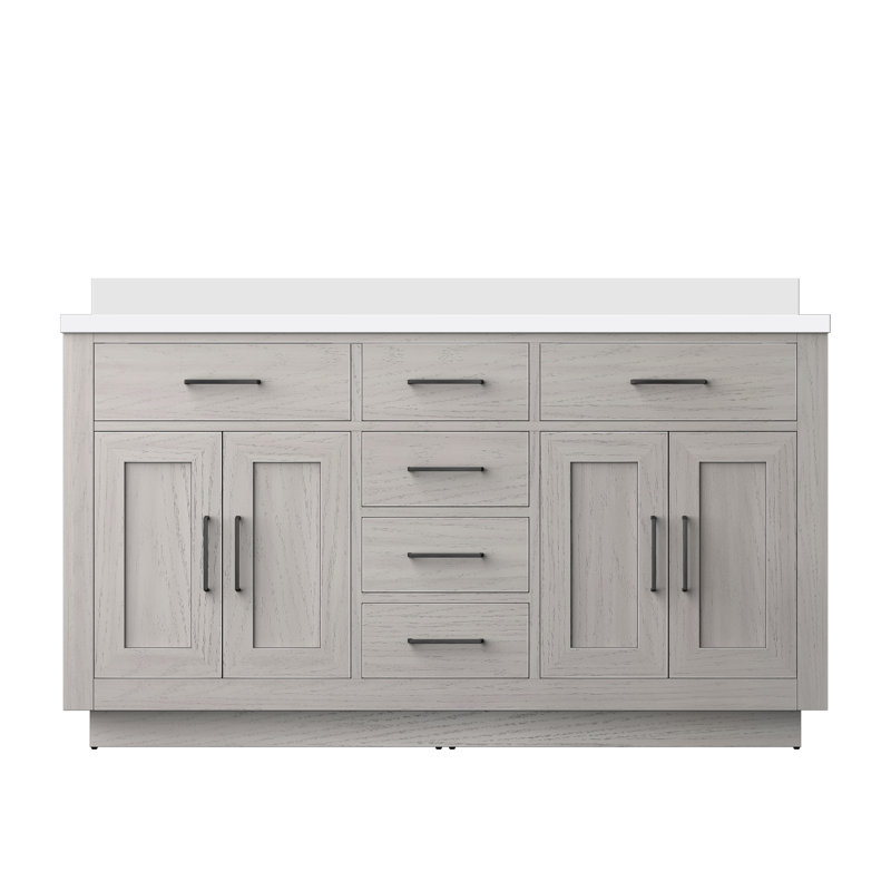 Ensemble de meuble-lavabo double 60 po, Chêne blanc, Quartz blanc