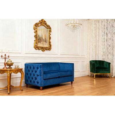 2-Seats Living Room Sofa Velvet Nail Head Tufted Loveseat In Blue