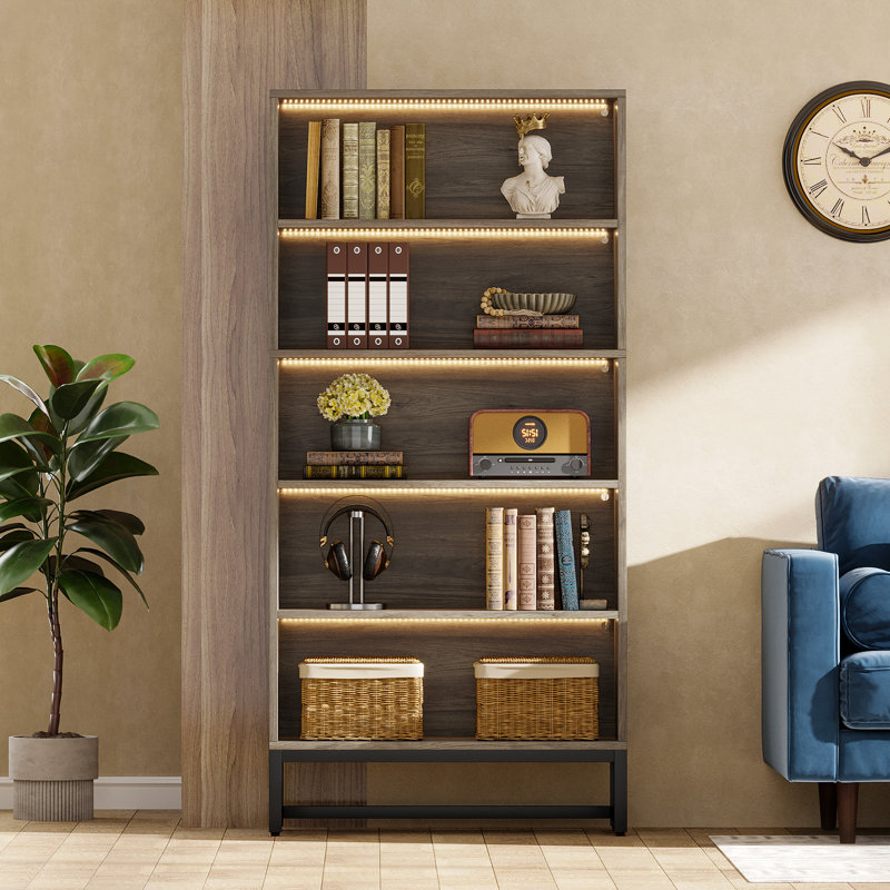 Glasford 70.8” Tall Bookcase, 5-Tier Storage and Display Shelf, Gray with LED Light Included