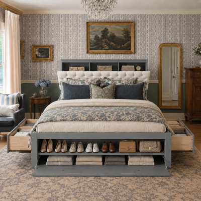 Wood Storage Platform Bed with Drawers, Headboard Shelves and Shoe Rack