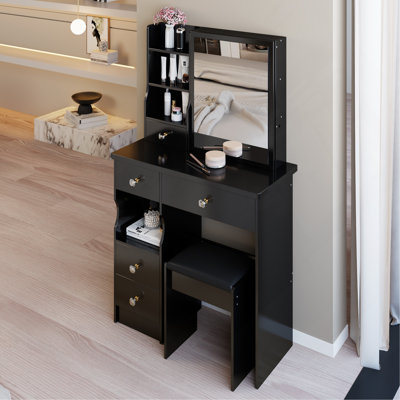 Table de coiffeuse 29,2 po avec tiroir à gauche avec tabouret rembourré, rangement multi-couches grande capacité, commode pratique