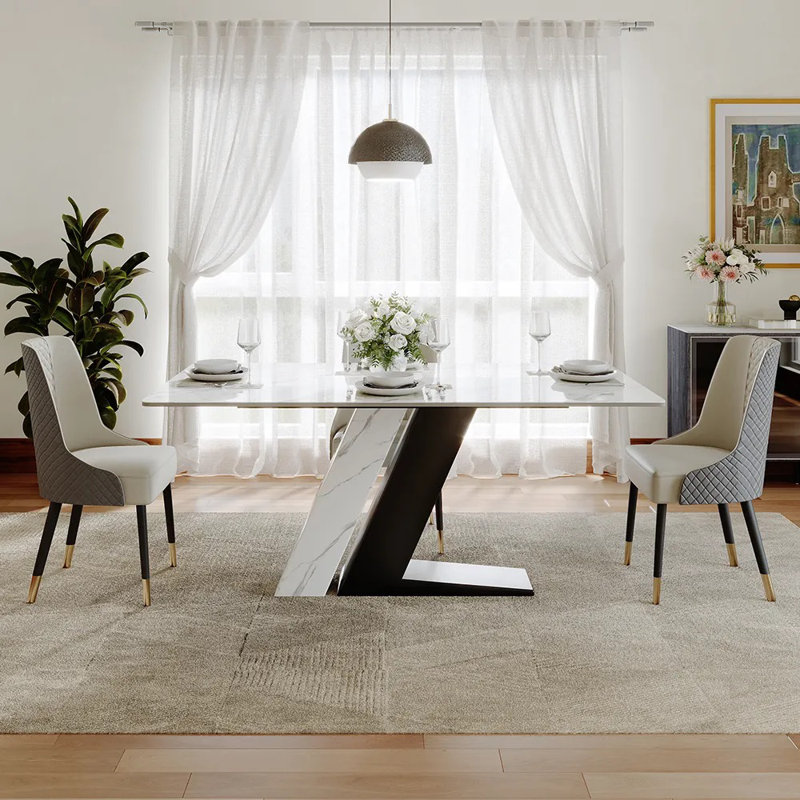  Table de salle à manger Stapp, H 29,53 po x L 62,99 po x l 35,43 po, Noir, Blanc lustré
