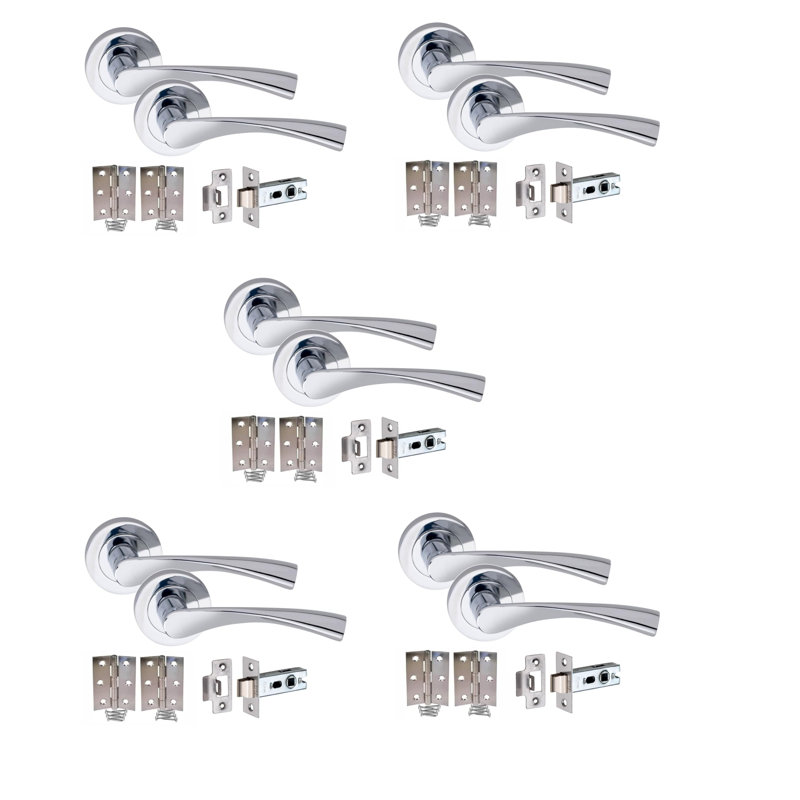 5 Sets Astrid Style Modern Door Handles on Round Rose in Metallic Finish with 1 Pair of Ball Bearing Hinges & 64mm Tubular Latch