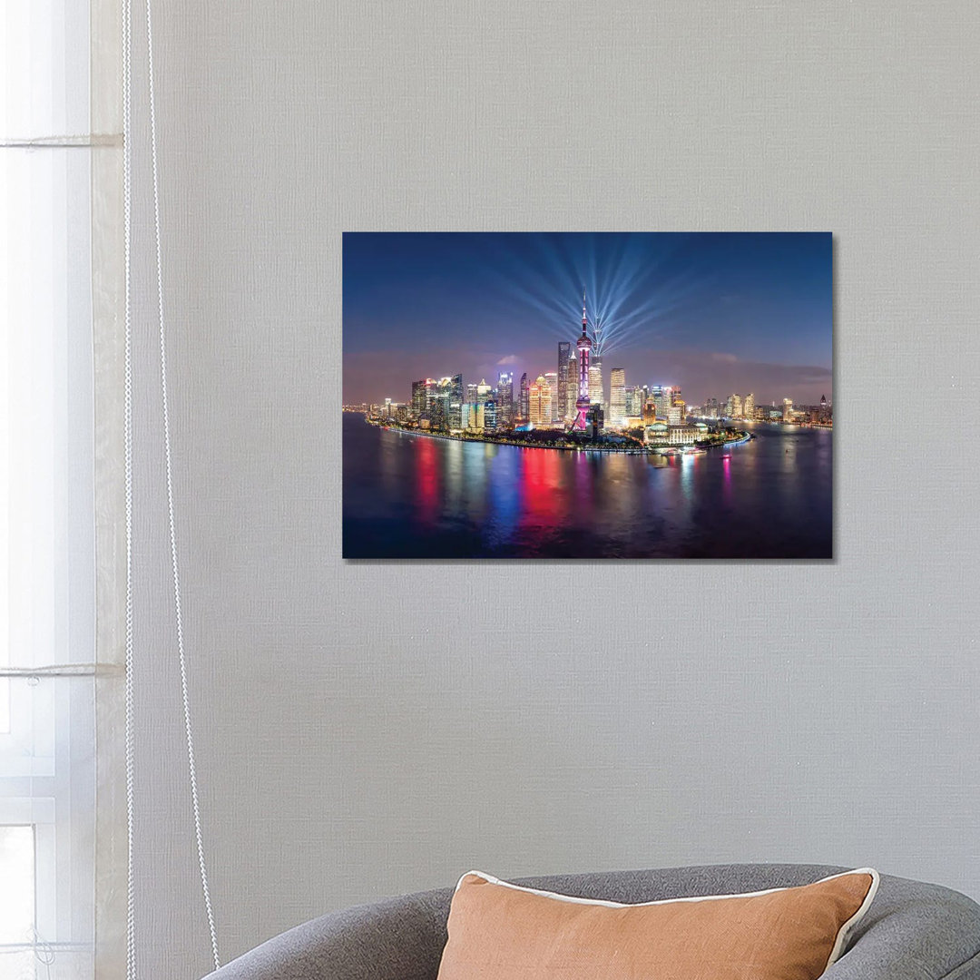 Pudong Skyline Lightshow, Shanghai, China by Jan Becke - Wrapped Canvas Print