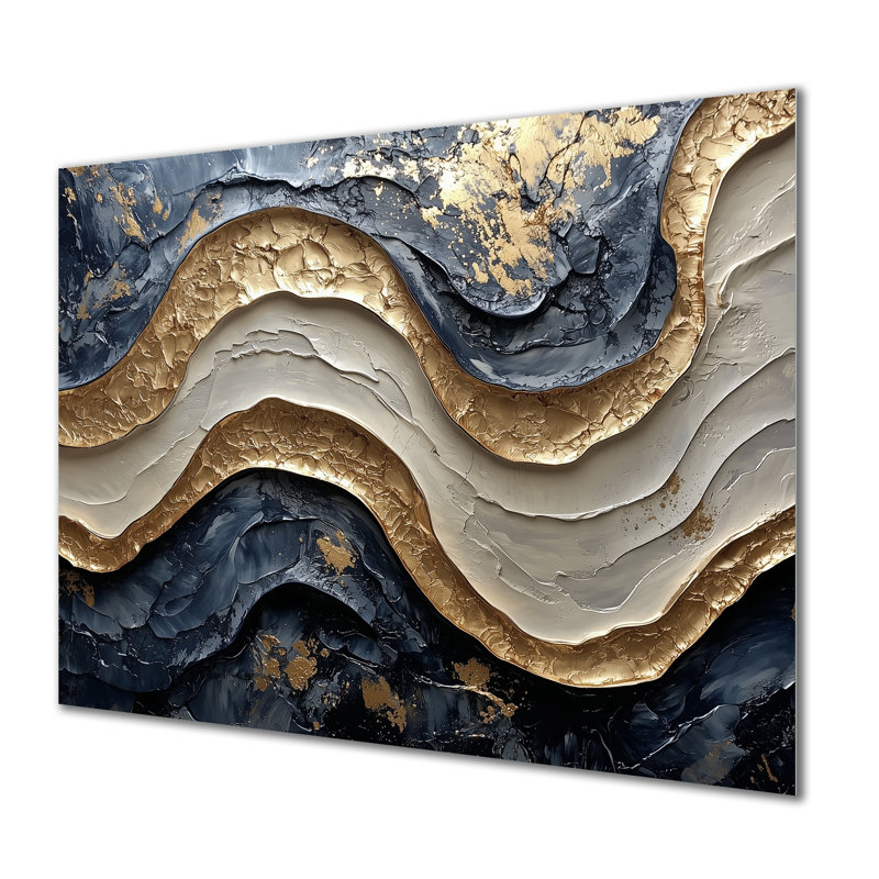 Éclipse dorée sur des vagues dansantes de marbre III - réalisme abstrait, art mural moderne en métal, H 12 po x l 20 po