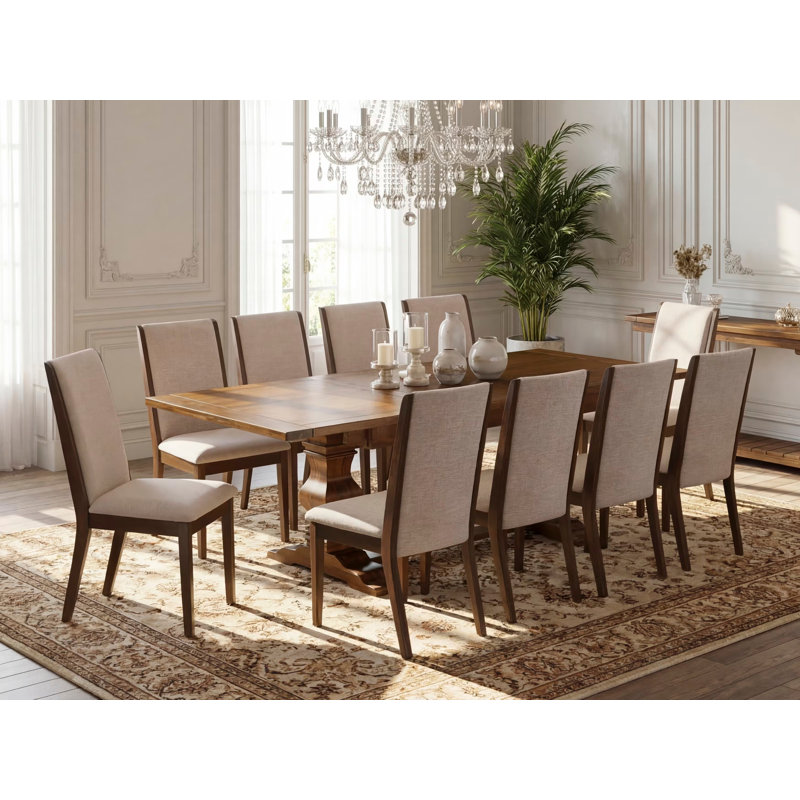 11 Piece Dining Table Set Includes a Rectangle Dining Room Table with Removable Leaf and 10 Light Tan Linen Fabric Parson Chairs, Antique Walnut