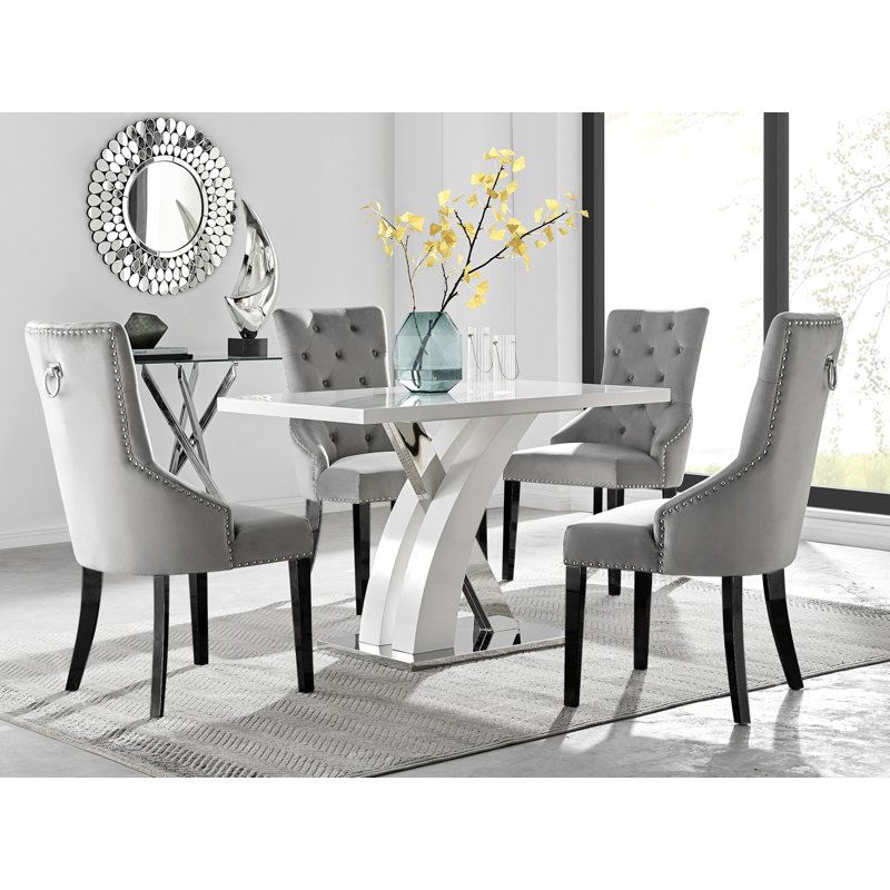 Edzard Dining Table in White High Gloss & Chrome with 4 Edward Velvet Dining Chairs : Black Leg, Gray/Black