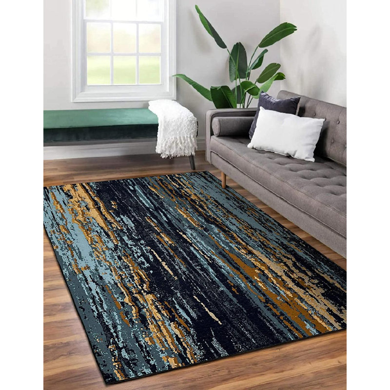 Tapis bleu / jaune à motif abstrait tissé à plat en polyester 5 pi x 7 pi
