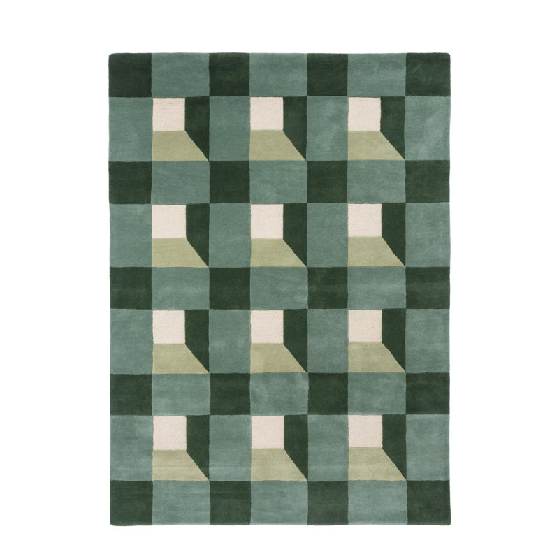 Hand Tufted Wool Geometric Area Rug in Fern/White, Rectangle 4'7" x 6'7"