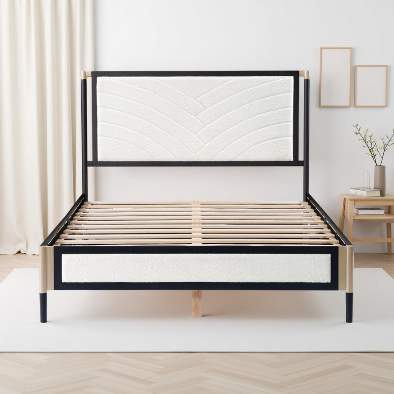 Base de lit plateforme en métal de qualité supérieure avec tête de lit en tissu 23 po et rangement sous le lit 8 po