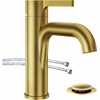 Robinet de lavabo de salle de bain 1 trou, robinet de meuble-lavabo monotrou monocommande or brossé, avec bonde escamotable en métal et conduites d'alimentation en eau