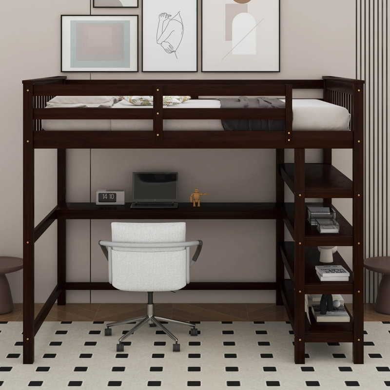 Lit mezzanine avec tablettes de rangement et bureau sous le lit, Lit double, Espresso