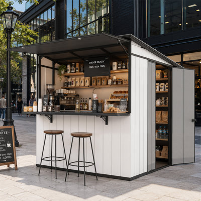 7' x 6' Outdoor Bar Shed with Fold-Down Counter & Hydraulic-Supported Canopy, Backyard Storage Shed with Floor & Lockable Door for Patio, Garden, Lawn