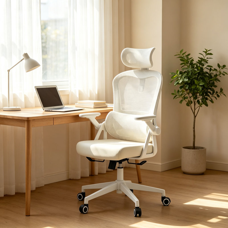 Fauteuil de bureau ergonomique avec support lombaire et accoudoirs relevables Omir, Blanc / kaki