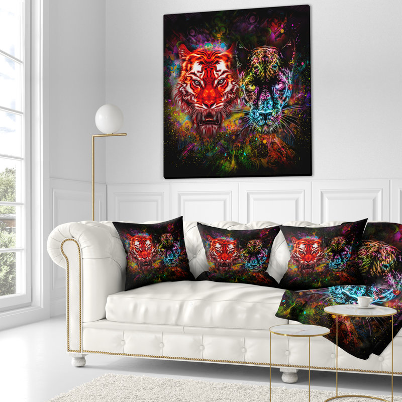 Tigre et panthère avec éclaboussures - Coussin imprimé animal, 16 po x 1 po, Coussin décoratif