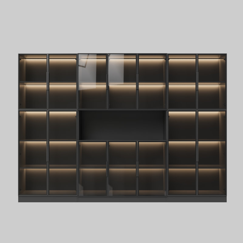 110 '' W Black Combination Bookcase With Glass Doors And Led Lights, Display Cabin With 5-tier Shelveset