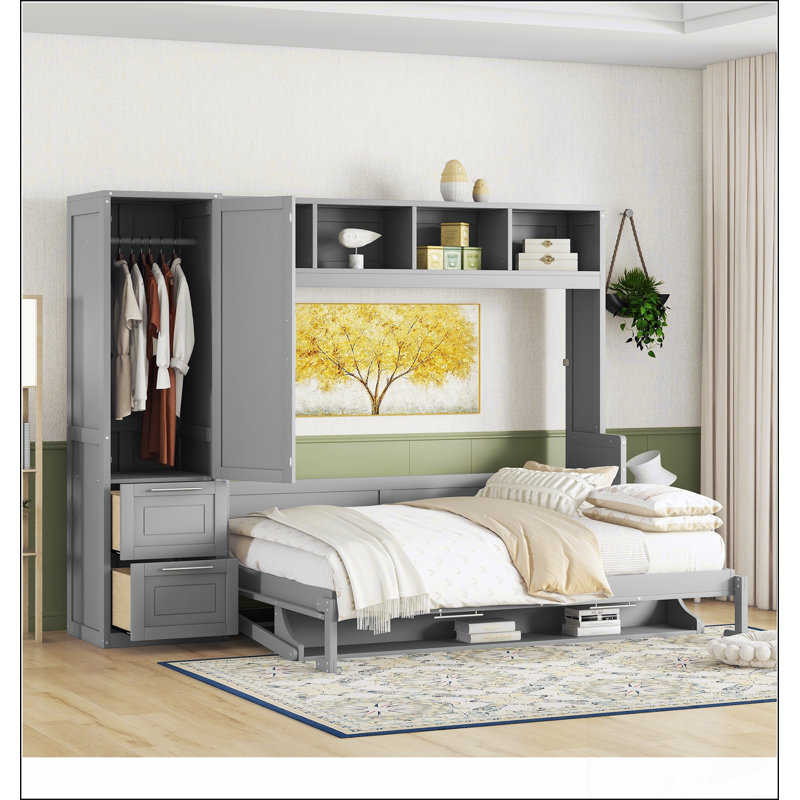 Lit escamotable Murphy avec placard et tiroirs, Gris