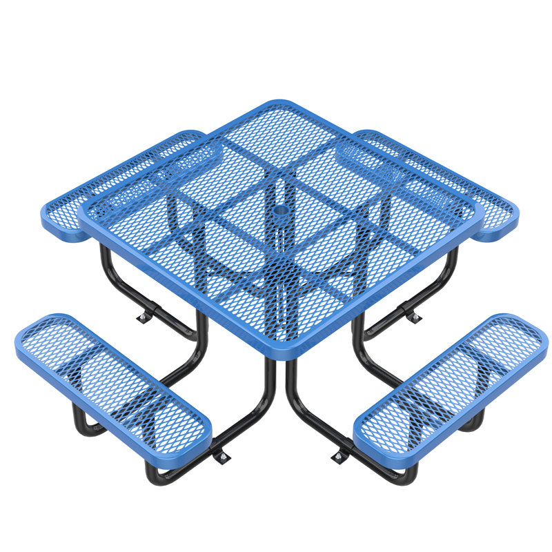Table carrée pique-nique extérieure bleue de 46 pouces avec parasol de 48 mm, filet en acier de 2,5 mm pour une utilisation à long terme, pieds solides de 482,0 mm, éléments durs enduits par trempage à chaud, trou d'assemblage inclus,