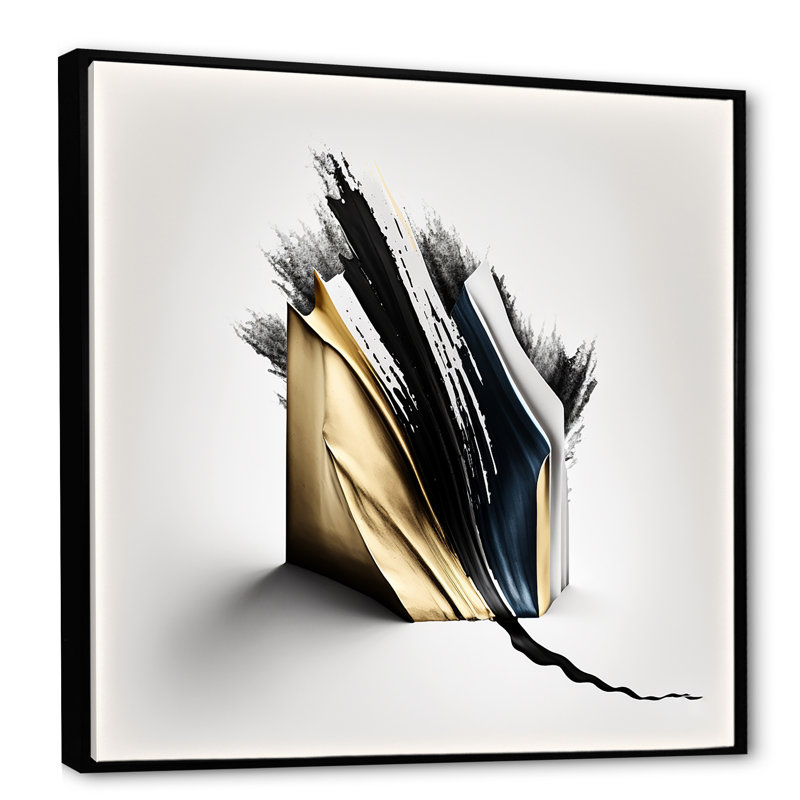 «Cubic», art cubique abstrait noir et or, H 16 po x l 16 po x P 1 po, Toile avec cadre flottant noir