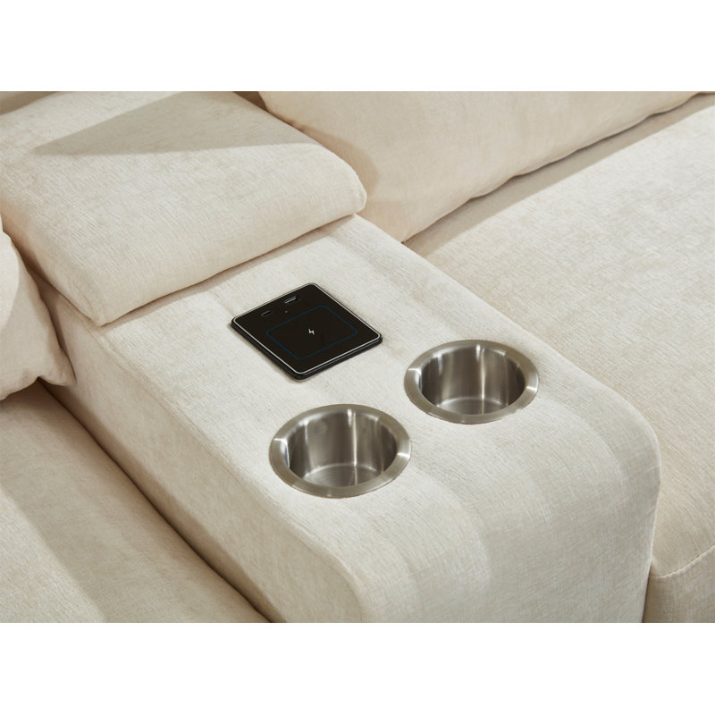 Modern Sectional Sofa Couch With Console, Beige Fabric