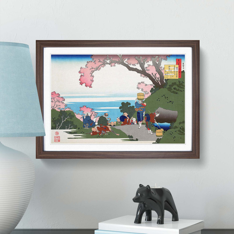 Beneath The Cherry Blossom Tree by Katsushika Hokusai - Single Picture Frame Painting, Walnut Framed, 45cm H x 63cm W x 2cm D