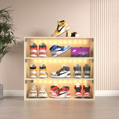 Boîte à chaussures à DEL blanc cassé à trois couches avec portes en verre