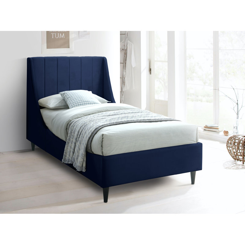Eva Upholstered Low Profile Platform Bed, Twin, Navy Velvet