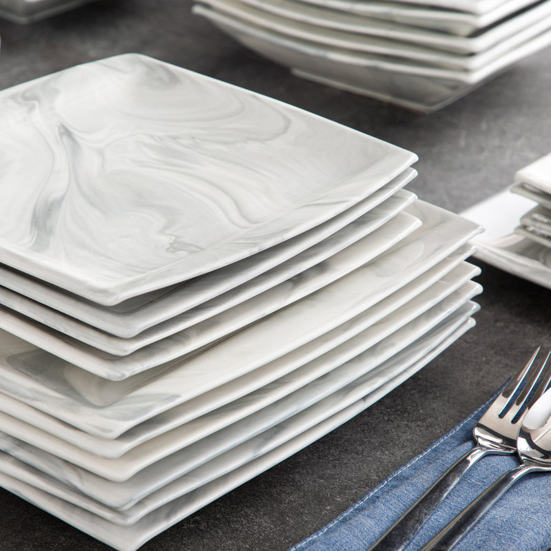 Blance Series, 60-piece Marble Grey Porcelain China Dinnerware Set, Service For 12