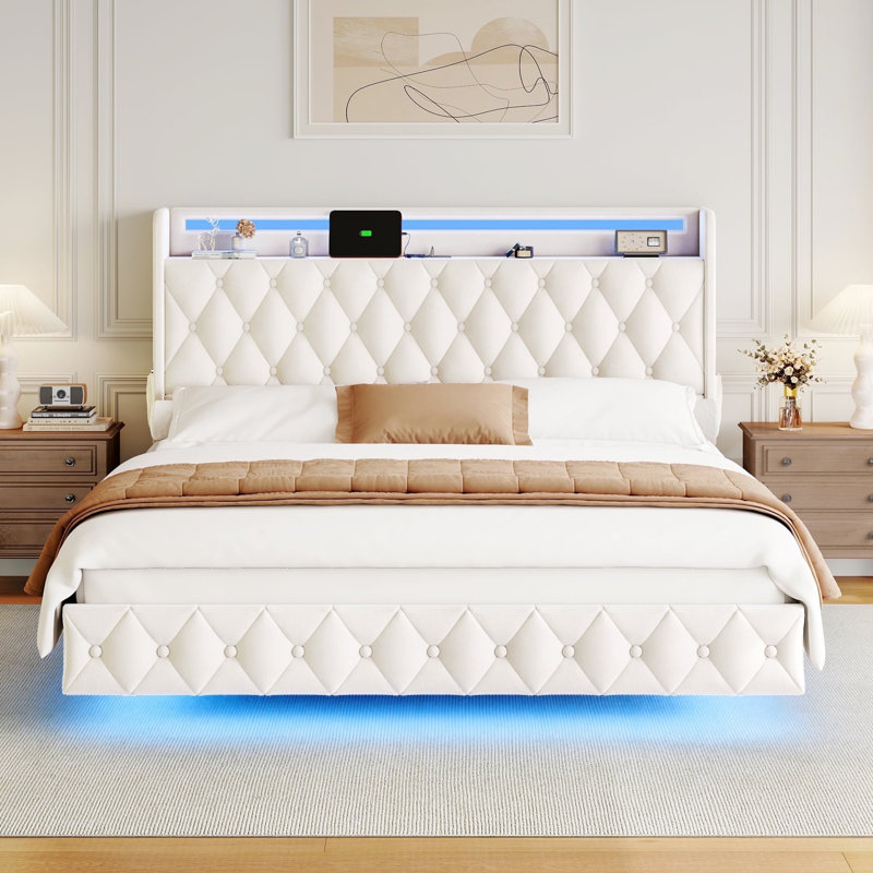 Mehrish Upholstered Floating Bed with LED Lights and USB Ports, Full / Double, Off White